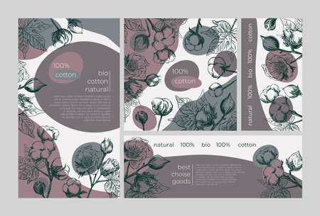 Template sketch card cotton flower. Vector illustration layout template design. Decorative print. Poster, card, banner design. Greeting vintage illustration.のイラスト素材