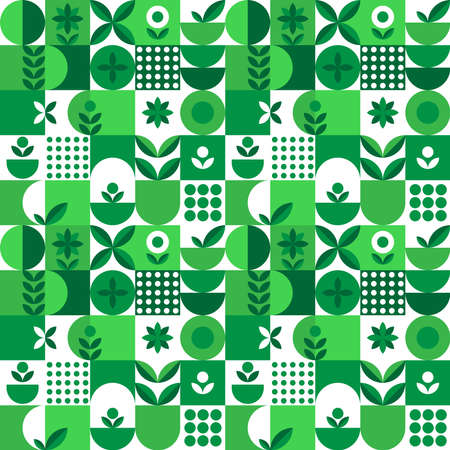 Microgreen pattern geometry in abstract style on green background. Vector design template. Nature illustration. Botanical background. Flat style. Creative floral texture.のイラスト素材