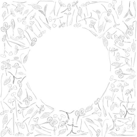 Vector sketch round frame with microgreen. Herbs - pea, sunflower, onion, corn, basil, china rose, spinach, fennel, sorrel, collard, dill, salad burnet, kohlabi, barley, tatsoi on a white background.のイラスト素材