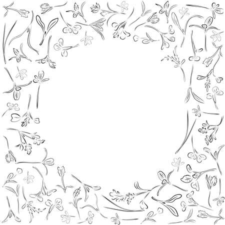 Vector round outline frame with microgreen. Herbs - pea, sunflower, onion, corn, basil, china rose, spinach, fennel, sorrel, collard, dill, salad burnet, kohlabi, barley, tatsoi on a white background.のイラスト素材