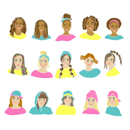 American teens black person girl. Big set. Beautiful women face vector illustration. Isolated flat vector. Cheerful smiling happy child portrait. Positive model. Social diversity.のイラスト素材
