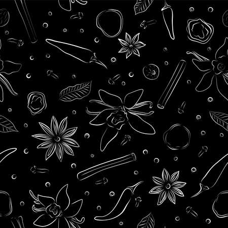 Seamless pattern spice black drawn in sketch style on white background. Nature hand drawn set. Vector design drawing.のイラスト素材