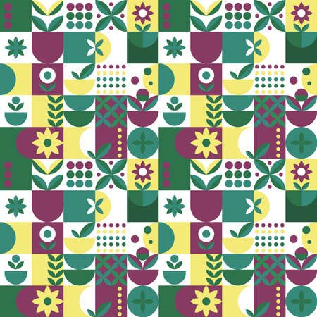 Microgreen pattern geometry in abstract style on green and pink background. Vector design template. Nature illustration. Botanical background. Flat style. Creative floral texture.のイラスト素材
