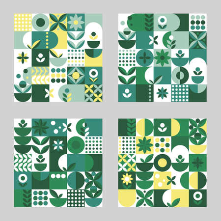 Microgreen pattern set geometry in abstract style on green background. Vector design template. Nature illustration. Botanical background. Flat style. Creative floral texture.のイラスト素材