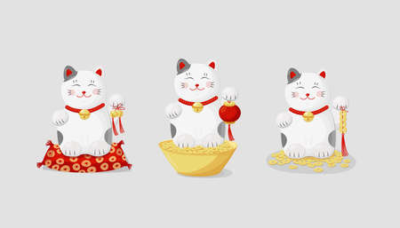 Maneki neko cat and bells, coins, paper lanterns coins on white background. Cartoon vector illustration. Flat style. Funny toy. Traditional asian Isolated objectのイラスト素材