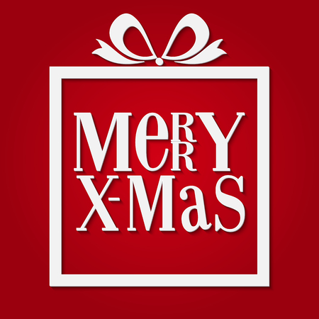 Merry Christmas vector illustration with box. Paper art style with shadow on red backgroundのイラスト素材