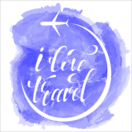 I love travel, lettering vector illustration on blue watercolorのイラスト素材