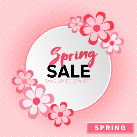 Spring Sale day! Take up to 50% off. Vector lettering illustration on pink background. Illustration for Woman and Mother dayのイラスト素材