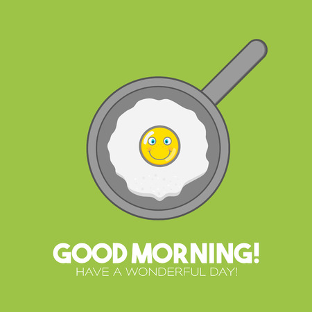 Good morning vector illustration with scrambled eggs. Flat Kawaii Design on green backgroundのイラスト素材