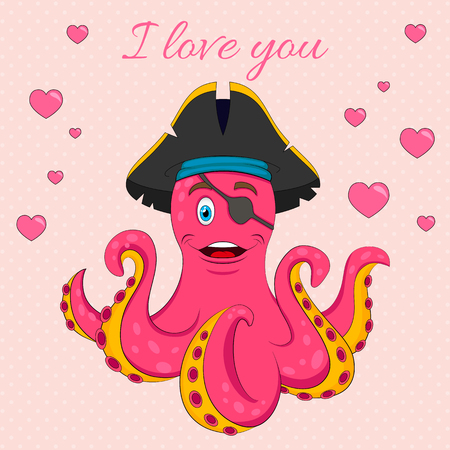 I love you! lettering vector isolated illustration with cute pirate octopus. Pink background with heartsのイラスト素材