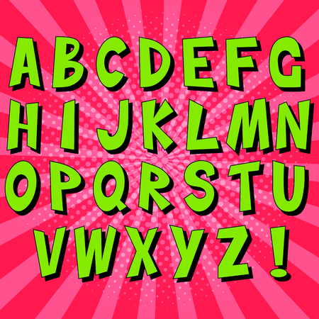 Pop art alphabet. Comic speech bubbles. Pop art vector label illustration. Vintage comics book poster on pink background. Colored funny font.のイラスト素材