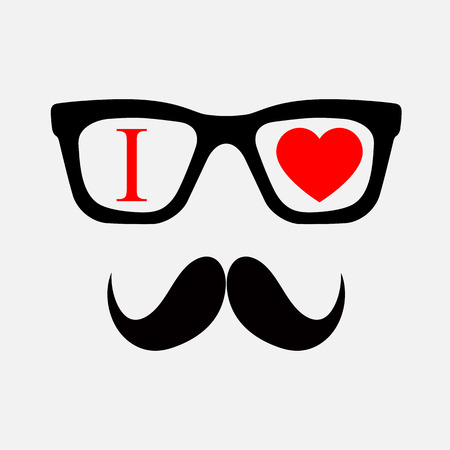 I love you. Hipster card for valentine day. Mustaches glasses isolated on white background with purple heartsのイラスト素材