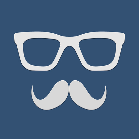 Glasses and mustaches. Gray isolated illustration on blue background with shadow. Paper art styleのイラスト素材