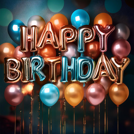 Happy Birthday greeting card with balloons and ribbons. 3D Renderの素材