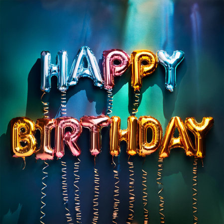 Happy birthday gold and blue foil balloon with ribbons on dark backgroundの素材