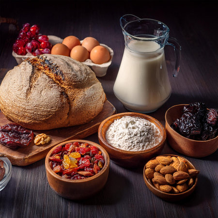 Bread, nuts, raisins, eggs and milk on a dark wooden backgroundの素材