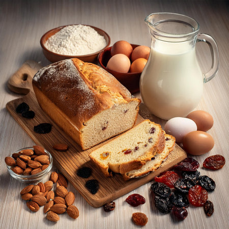 Bread, eggs, raisins and milk on wooden backgroundの素材