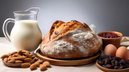 Bread with raisins, almonds and milk on a tableの素材