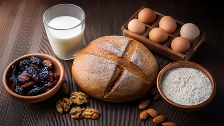 Bread, raisins, eggs and milk on wooden tableの素材