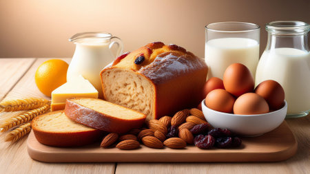 Composition with bread, milk, eggs and nuts on wooden tableの素材