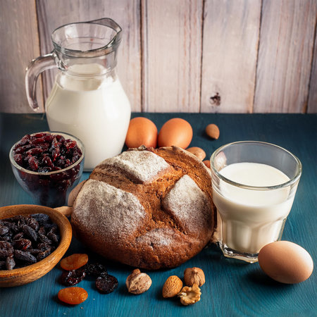 Composition with fresh bread, raisins, eggs and milk on wooden backgroundの素材