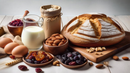 Composition with bread, nuts, raisins and milk on wooden tableの素材