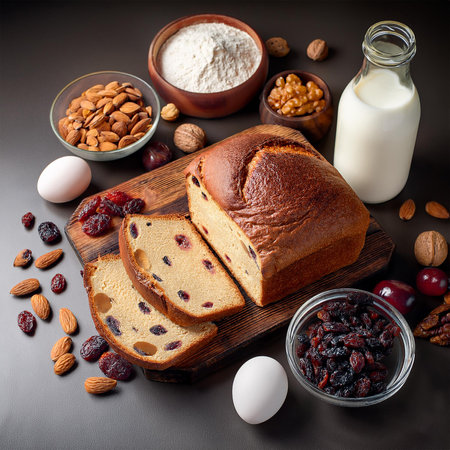 Bread with raisins, almonds and milk on black backgroundの素材