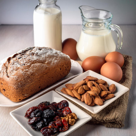 Ingredients for a healthy breakfast: milk, eggs, raisins, breadの素材