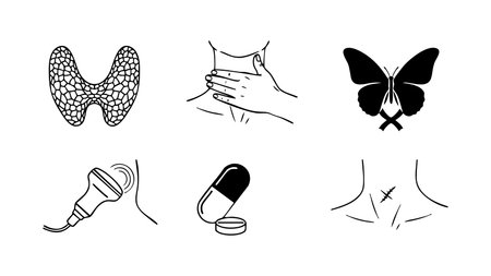 A set of line art thyroid icons depicts neck examination ultrasound medication and surgical scar and...