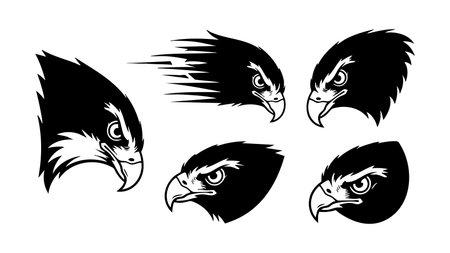 A tattoo flash vector displays five bold eagle head silhouettes in high contrast black and white for...