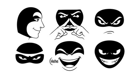 A line art vector icon set displays six bold black and white expressive faces with grins smirks and winks useful for avatars stickers and playful brandingのイラスト素材