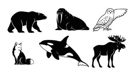 A minimalist vector collection depicts iconic arctic animals in bold black silhouettes for logos...