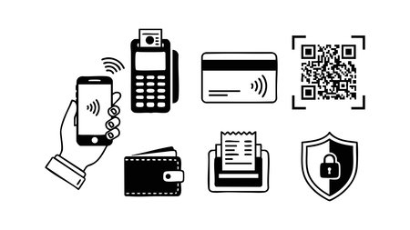 A flat design monochrome icon set shows contactless payment actions including smartphone tap pos...
