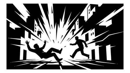A comic book style vector depicts a sudden urban explosion as two silhouetted figures are thrown...