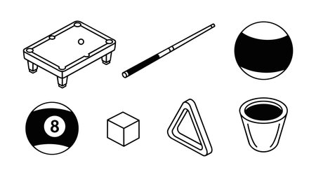 A minimal line art vector displays isometric pool table parts including cue stick eight ball...