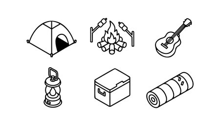A line art vector set depicts camping gear including tent campfire guitar lantern cooler and sleeping bag for outdoor branding icons apparel and print use vibrantのイラスト素材