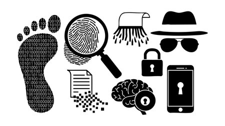 A flat vector collection illustrates forensic and cyber security icons including binary footprint fingerprint magnifier locked brain smartphone padlock and shredded document for privacy investigation moodのイラスト素材