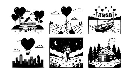A flat design vector set depicts six romantic scenes including bench couple boat moonlit dance and cozy cabin for social media branding and greeting cards romanticのイラスト素材