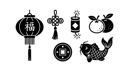 A vector icon set depicts lantern knot firecracker mandarin coin and koi fish celebrating chinese new year for greeting cards social media and festive branding vibrantのイラスト素材