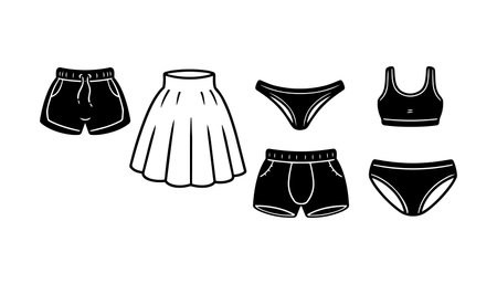 Minimal line art vector displays underwear briefs sports bra shorts and skirt in bold black outline for apparel icons labels packaging and web interfaces vibrantのイラスト素材