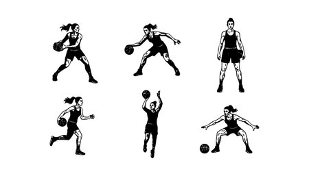 A vector line art set depicts six female basketball players in dynamic action poses for sports branding editorial icons and athletic apparel design energeticのイラスト素材