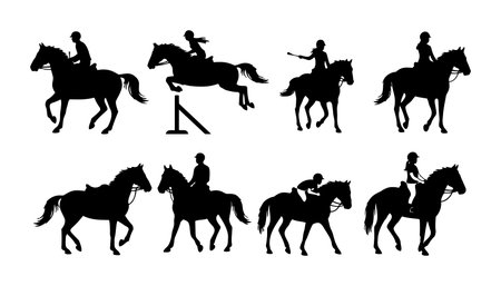 The set presents flat vector horse and rider silhouettes depicting jumping trotting and cantering and suggests use in branding social media and editorial dynamicのイラスト素材