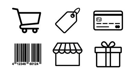 A minimalist flat design icon set displays retail symbols such as cart tag card barcode shop and gift for ecommerce apps web menus and marketing layouts cleanのイラスト素材