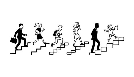 A line art vector shows sequential figures climbing stairs from child to student to young...