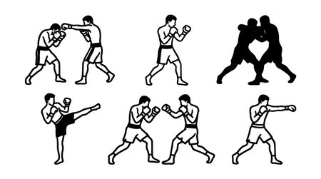 A line art vector displays six boxing silhouettes in varied punching and guarding poses for sports icons branding apparel and training graphics energeticのイラスト素材