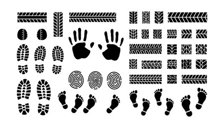 A flat design icon collection displays footprints handprints fingerprints and tire tracks in bold stencil shapes for editorial branding packaging and illustrative pattern work vibrantのイラスト素材