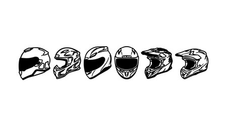 A clean monochrome line art vector displays six motorcycle helmets in side and frontal angles for icons branding apparel mockups and technical diagrams calmのイラスト素材