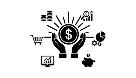 A flat vector composition shows hands holding a coin with dollar symbol and surrounding finance icons useful for web branding editorial and print designs vibrantのイラスト素材