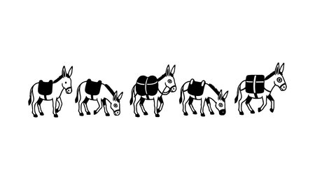 A minimalist line art series shows five saddled donkeys walking in profile on a white background used for branding editorial and textile motifs calmのイラスト素材
