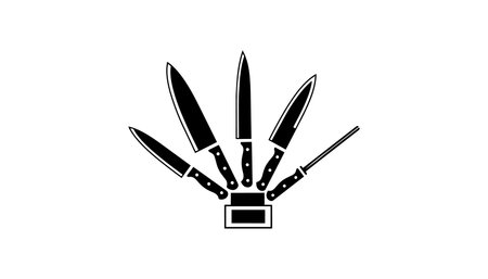 A flat minimalist vector depicts a fanned chef knife set in a wooden block with sharpening steel visible and  black and white contrast edgyのイラスト素材